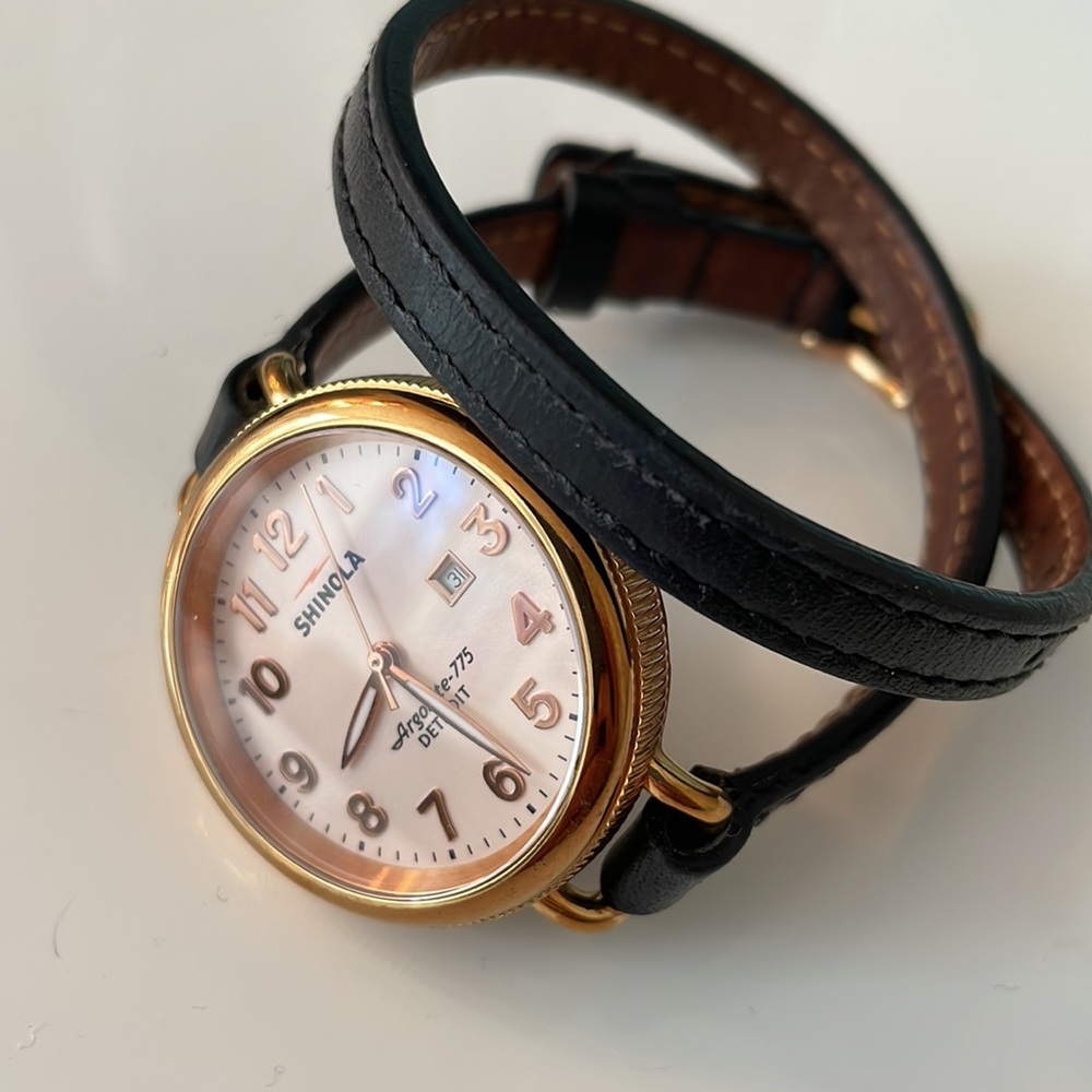 Shinola Birdy watch with black leather strap